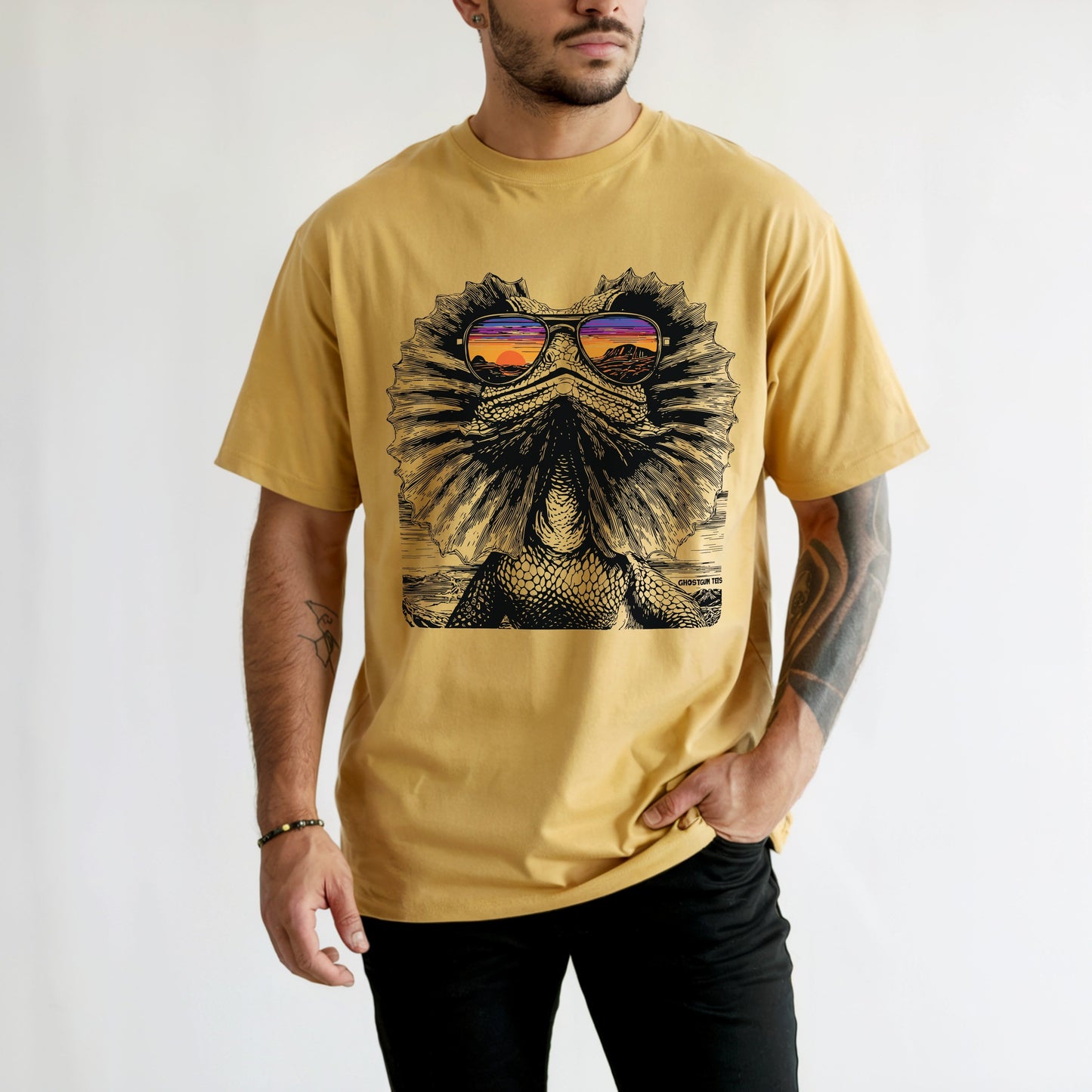Man wearing Chilled Frilled Lizard Mustard coloured Tshirt