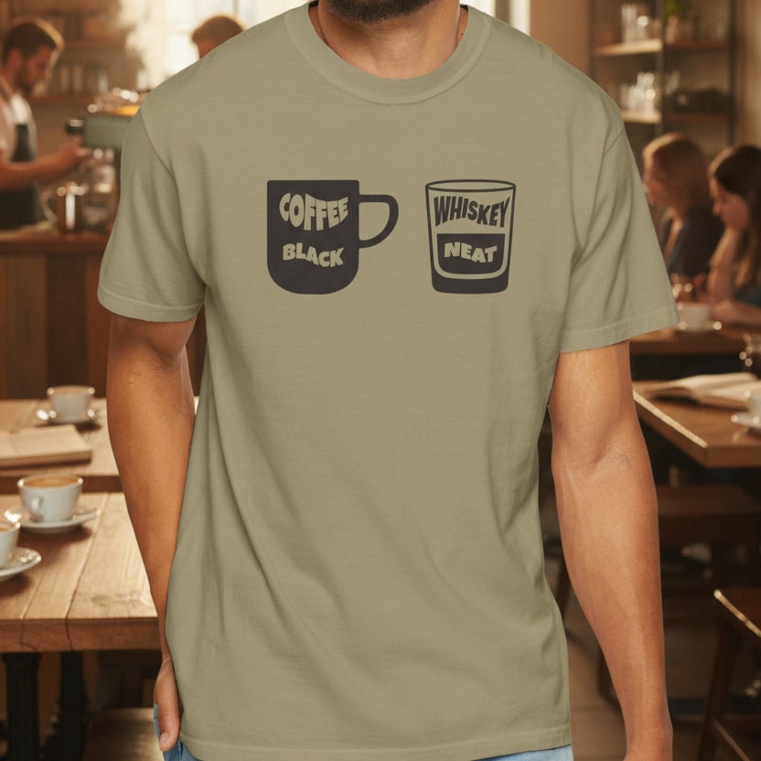 Man wearing a khaki t-shirt with coffee and whiskey graphic on a white background