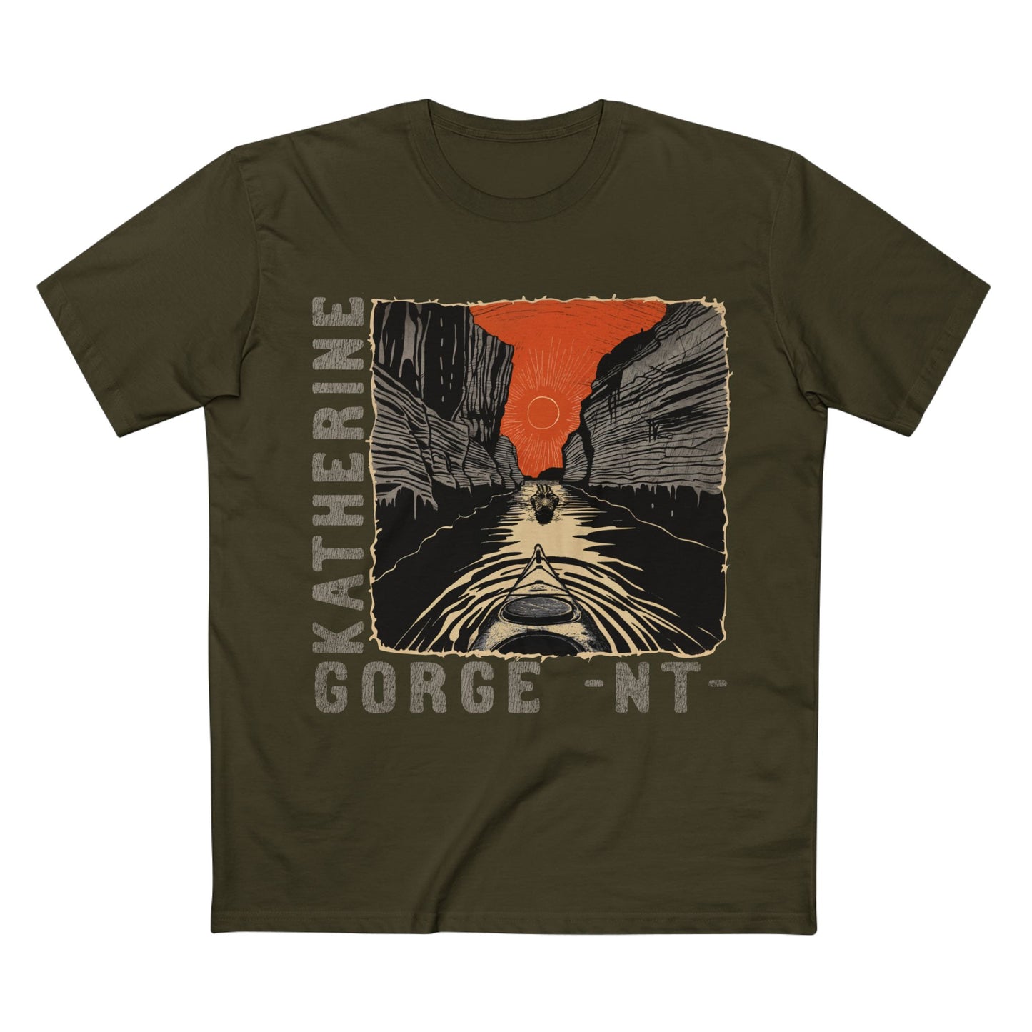 Army Green t-shirt with a graphic design of a canyon and 'Katherine Gorge NT' text