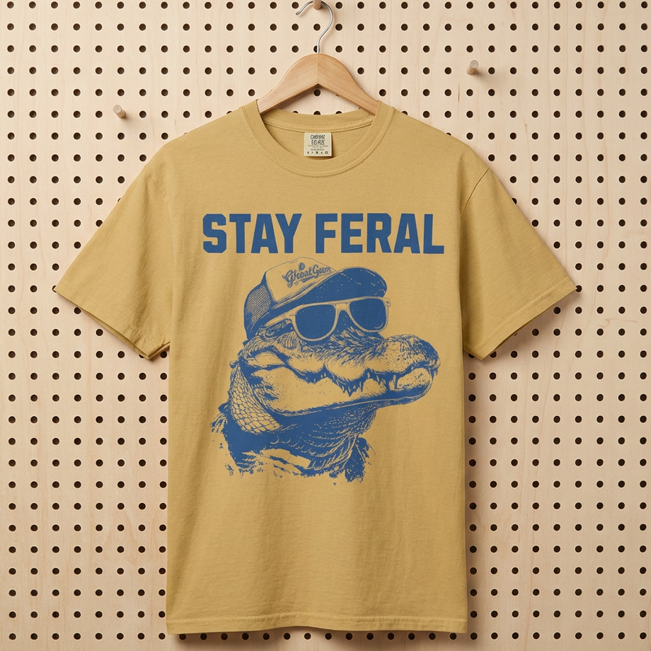 Mustard t-shirt with blue graphic of a crocodile wearing sunglasses and text 'STAY FERAL' on a pegboard background