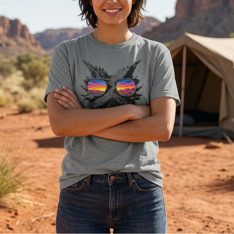 Gal wearing Thorny Devil Sunset Tee in outback