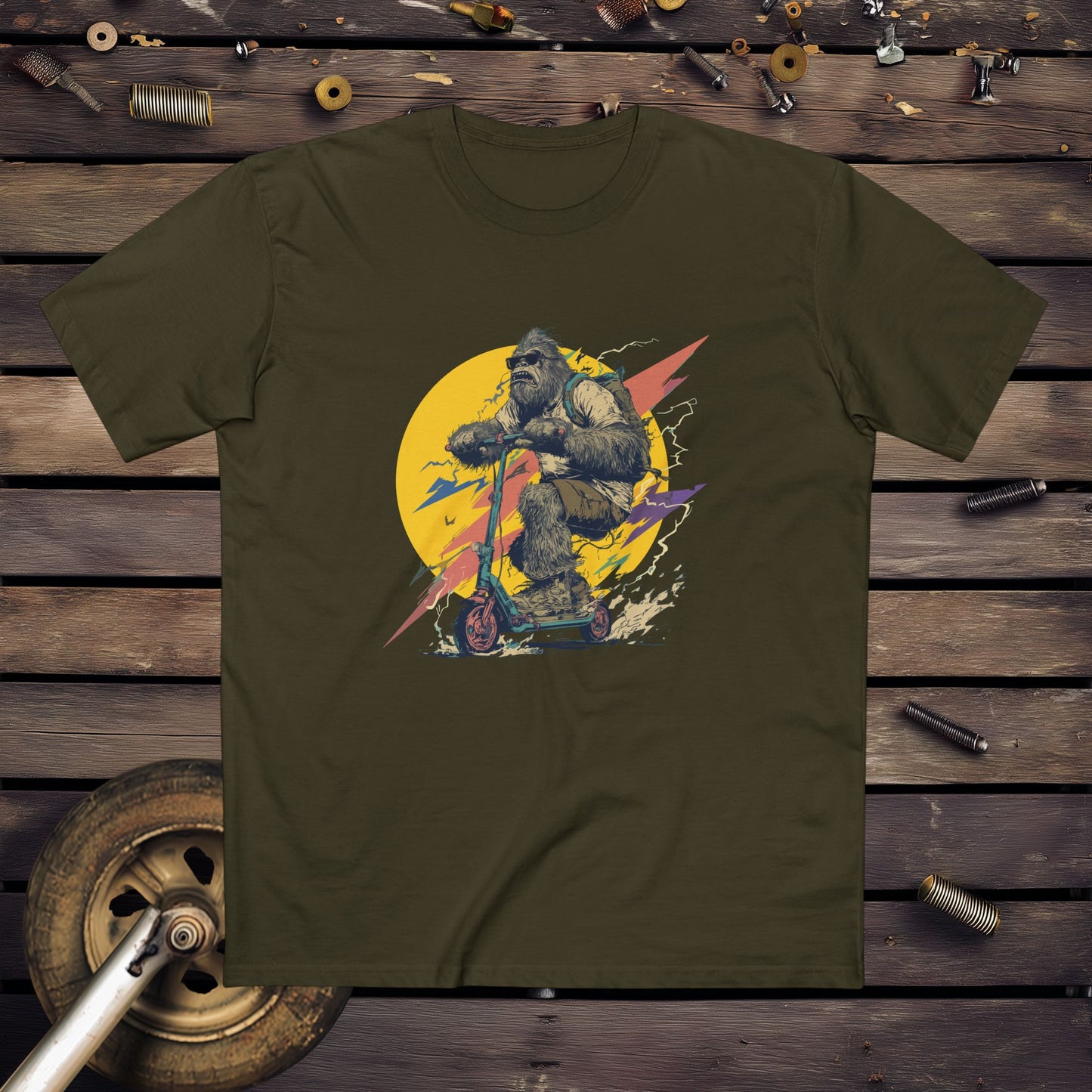 Yowie Bigfoot on a scooter graphic design - Army Green t-shirt