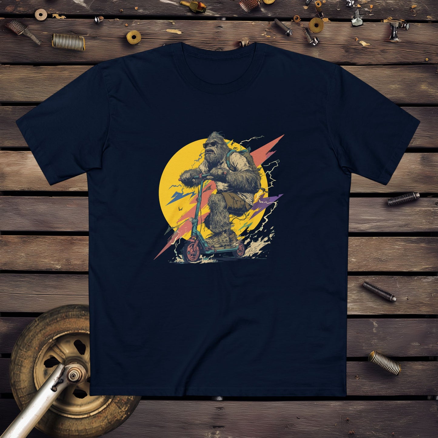 Yowie Bigfoot on a scooter graphic design - Navy t-shirt