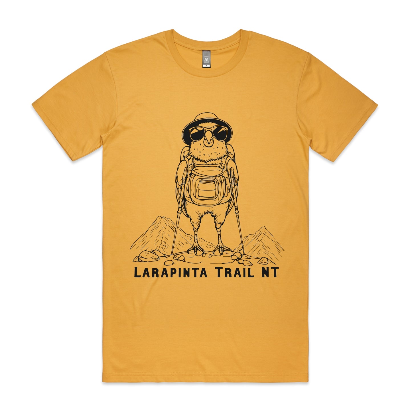 Hiking Budgie T-shirt -Larapinta Trail NT– cartoon budgerigar with trekking gear on mustard AS Colour Staple Tee.