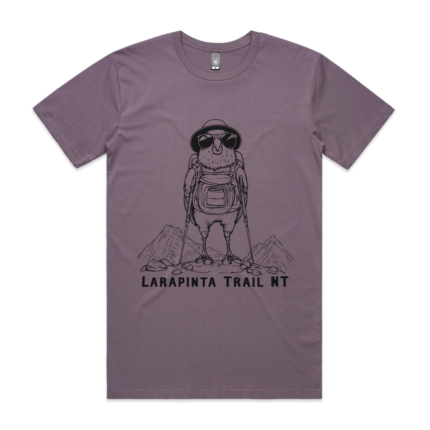 Hiking Budgie T-shirt – cartoon budgerigar with trekking gear on Mauve AS Colour Staple Tee, Larapinta Trail NT