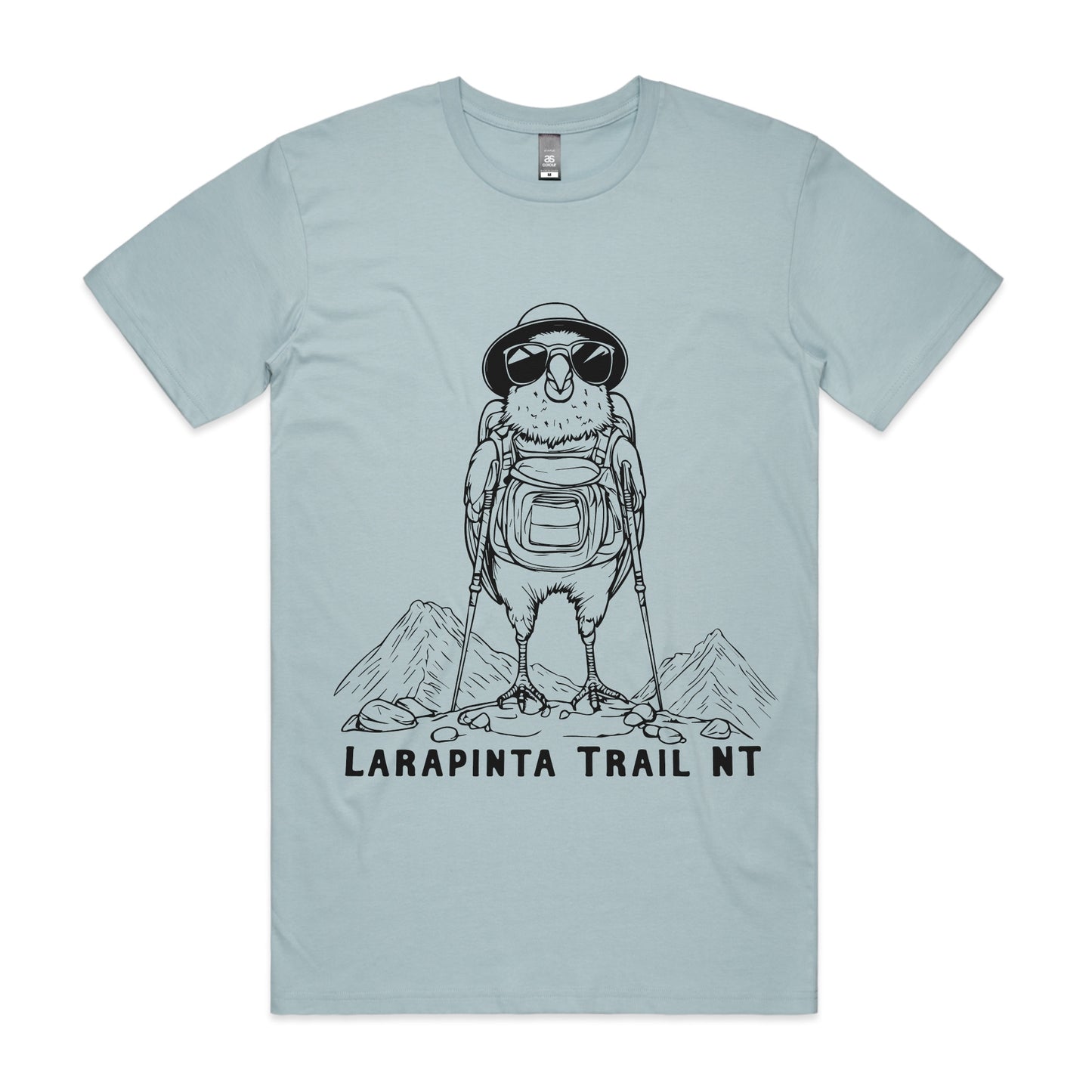 Hiking Budgie T-shirt -Larapinta Trail NT– cartoon budgerigar with trekking gear on pale blue AS Colour Staple Tee.