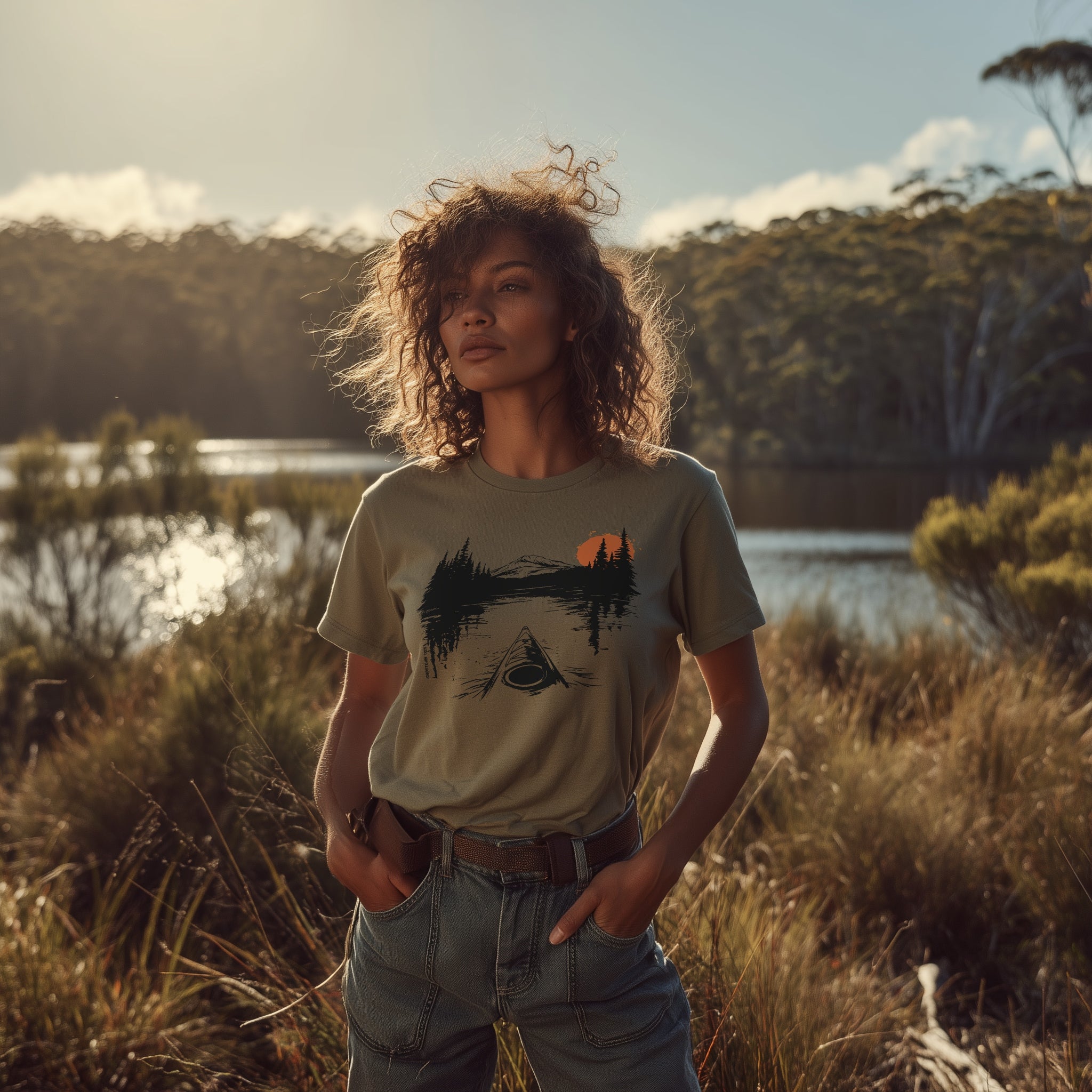 Woman wearing a sage green kayaking T-shirt with canoe and mountain design, standing in bushland near a lake with afternoon sunlight- GhostGum Tees