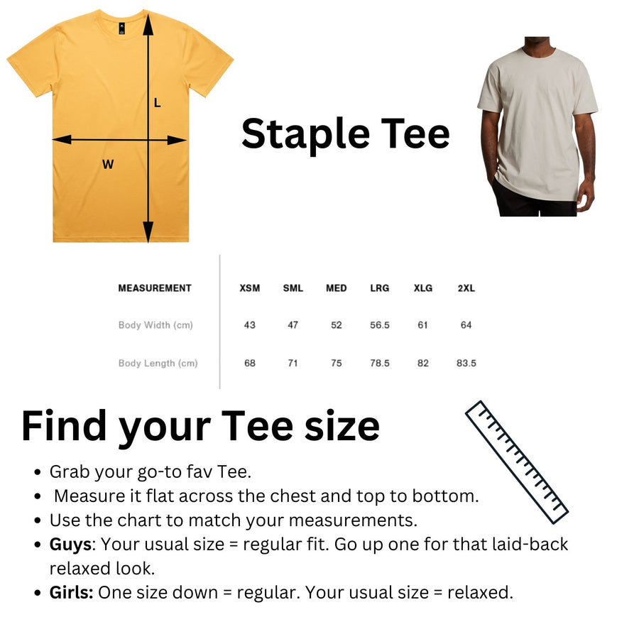 Size chart for Aussie Octo T-Shirt