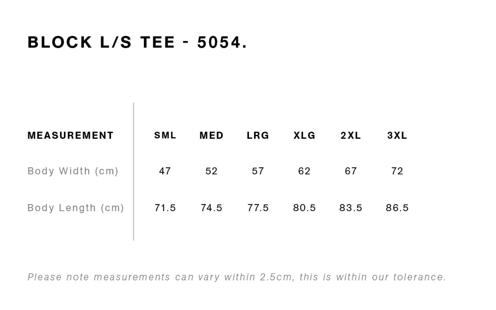 Size chart for a block L/S tee with measurements in centimeters.
