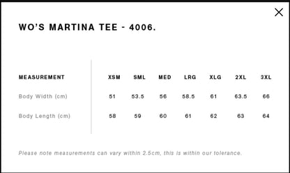 A table showing all of the sizing and fits for AS Colour Womens Martina Tee 