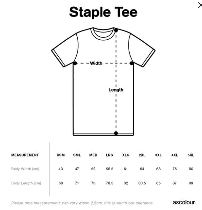 Size and fitment chart of an AS Colour Staple T-Shirt