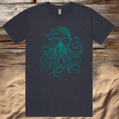A cool octopus t-shirt with a hipster ocean vibe. Features a chilled octopus with sunglasses and a backwards hat. Perfect gift for ocean lovers, surfers, and beach fans. Super-soft premium tee with standout print.
