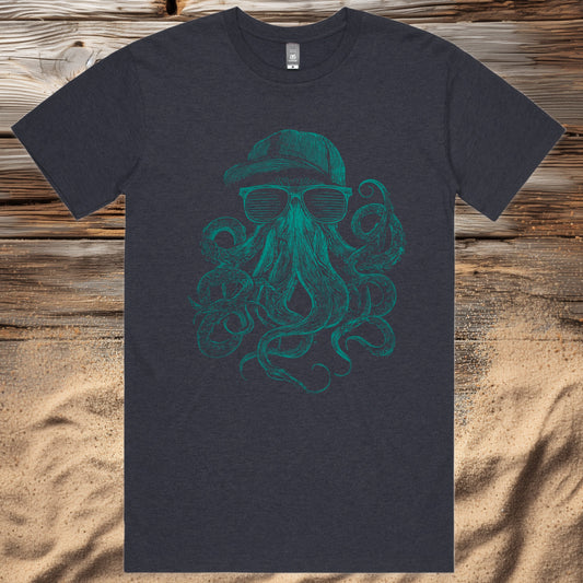 A cool octopus t-shirt with a hipster ocean vibe. Features a chilled octopus with sunglasses and a backwards hat. Perfect gift for ocean lovers, surfers, and beach fans. Super-soft premium tee with standout print.