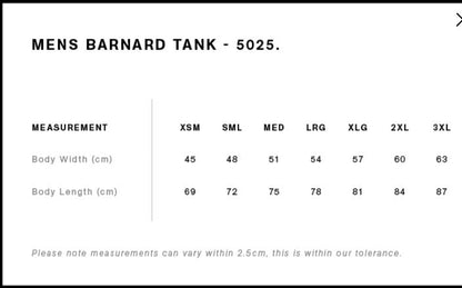 Measurement chart for Mens Barnard Tank size 5025 with body width and length dimensions.