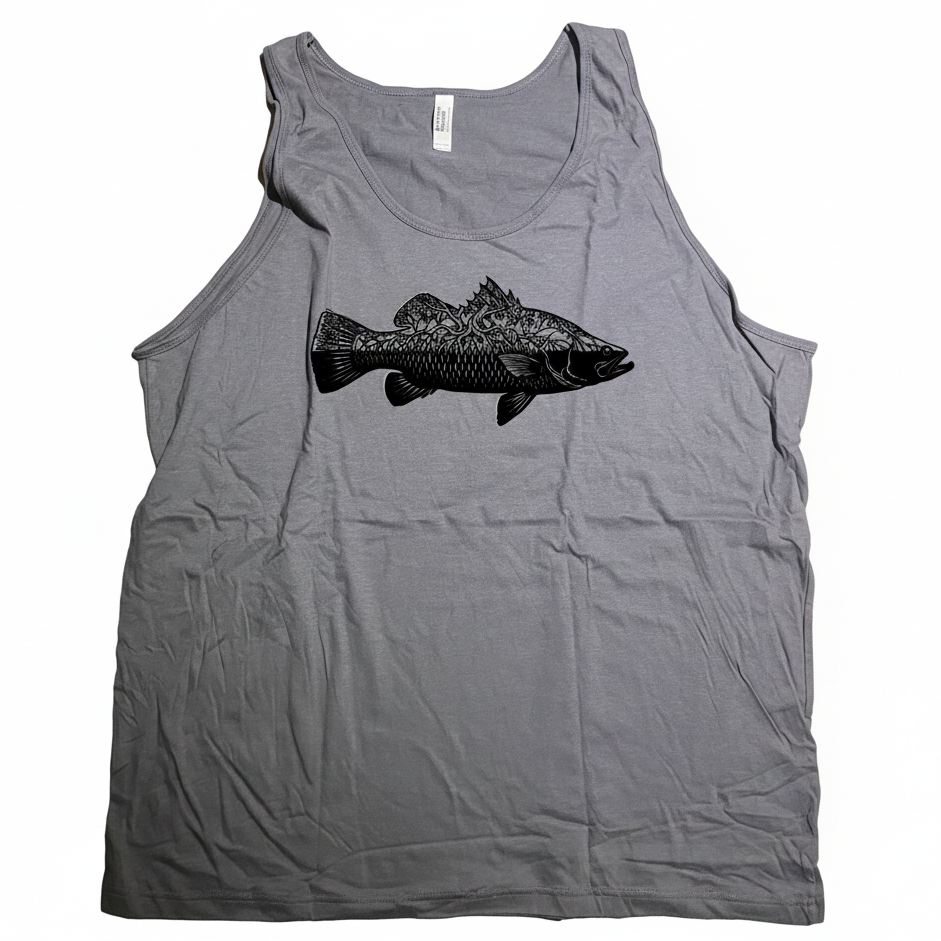 A gray sleeveless tank top laid flat on a beige textured surface, featuring a black Barra fish graphic printed across the chest.