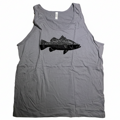 A gray sleeveless tank top laid flat on a beige textured surface, featuring a black Barra fish graphic printed across the chest.
