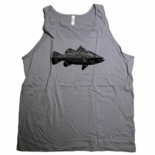 A gray sleeveless tank top laid flat on a beige textured surface, featuring a black Barra fish graphic printed across the chest.