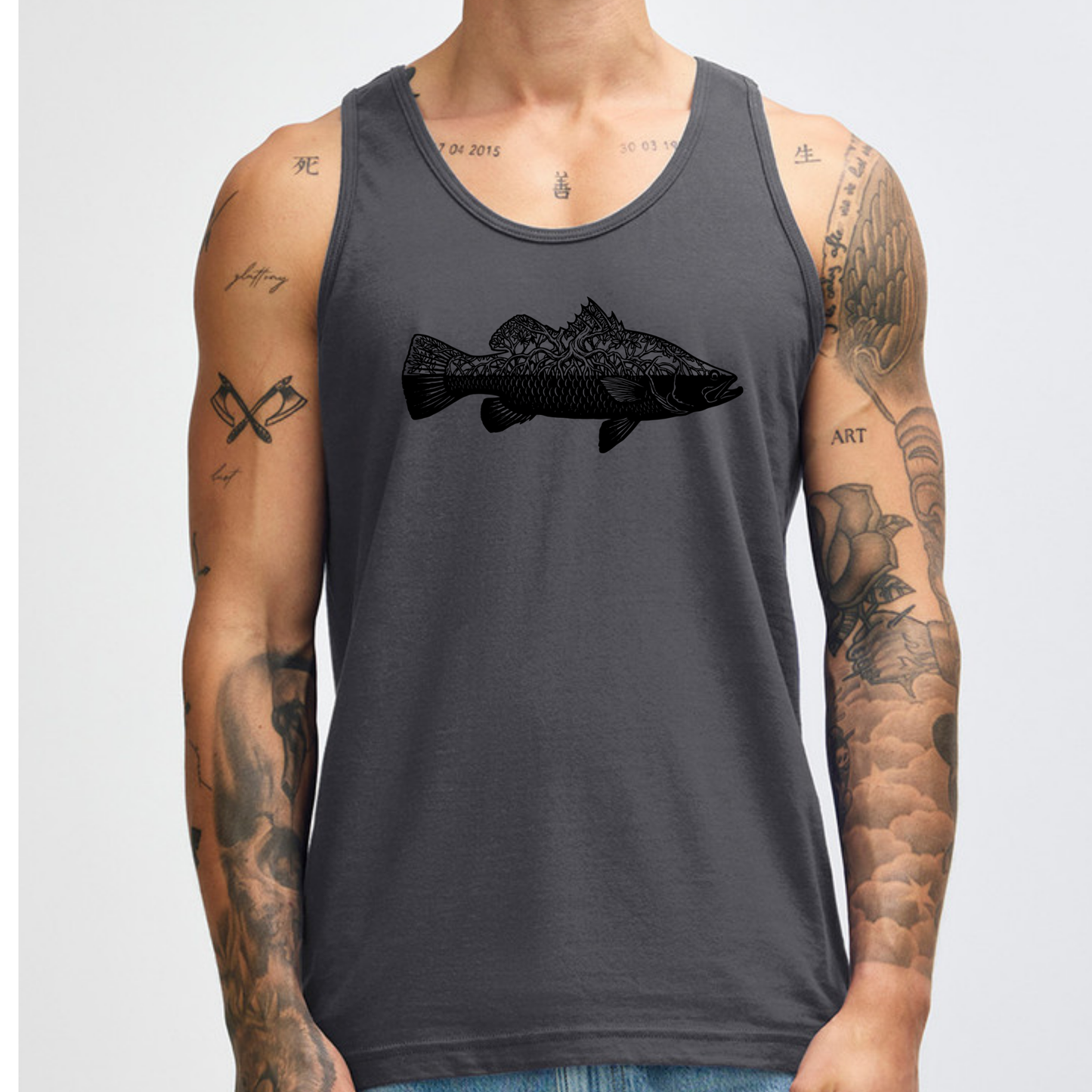 A man wearing a dark gray sleeveless tank top with a black fish graphic on the chest, shown from the neck down against a light gray background.