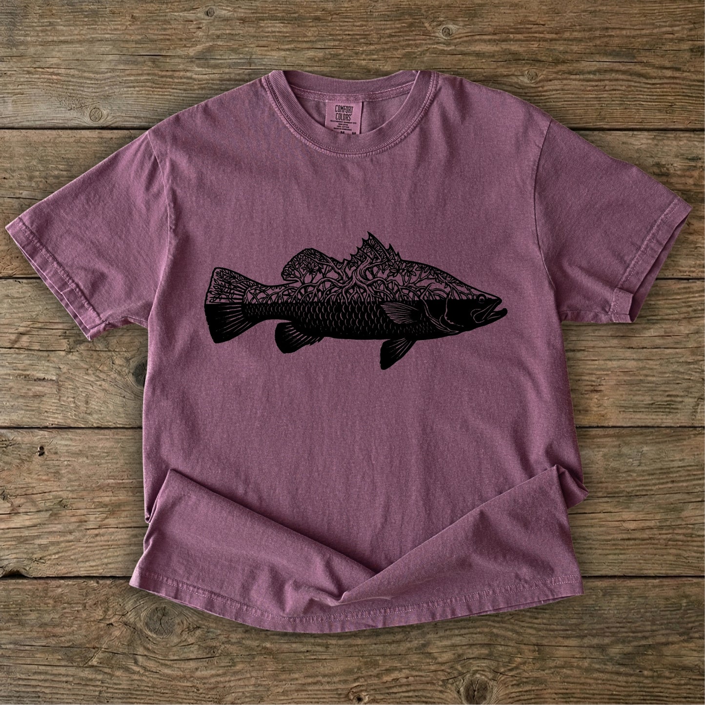 Berry t-shirt with black barra mangrove design 