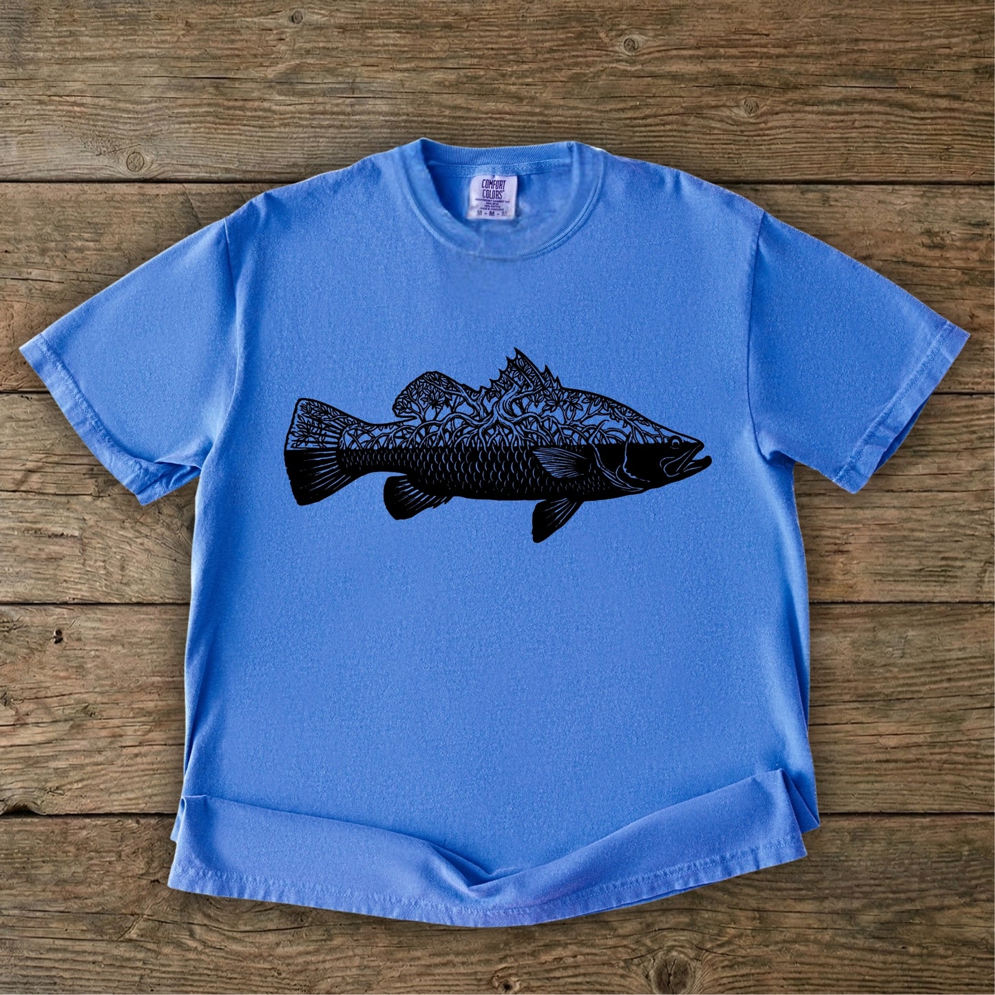 Blue t-shirt with black barra mangrove design 