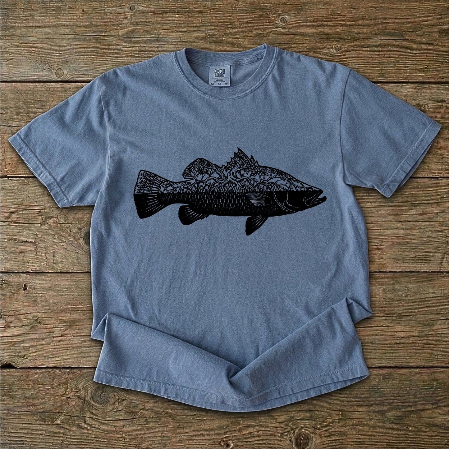 Blue t-shirt with black barra mangrove design 