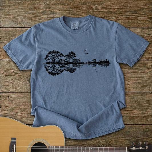 Blue Jean Southern Stars Guitar Tee featuring a lakeside campsite reflection in a guitar silhouette under an Australian night sky