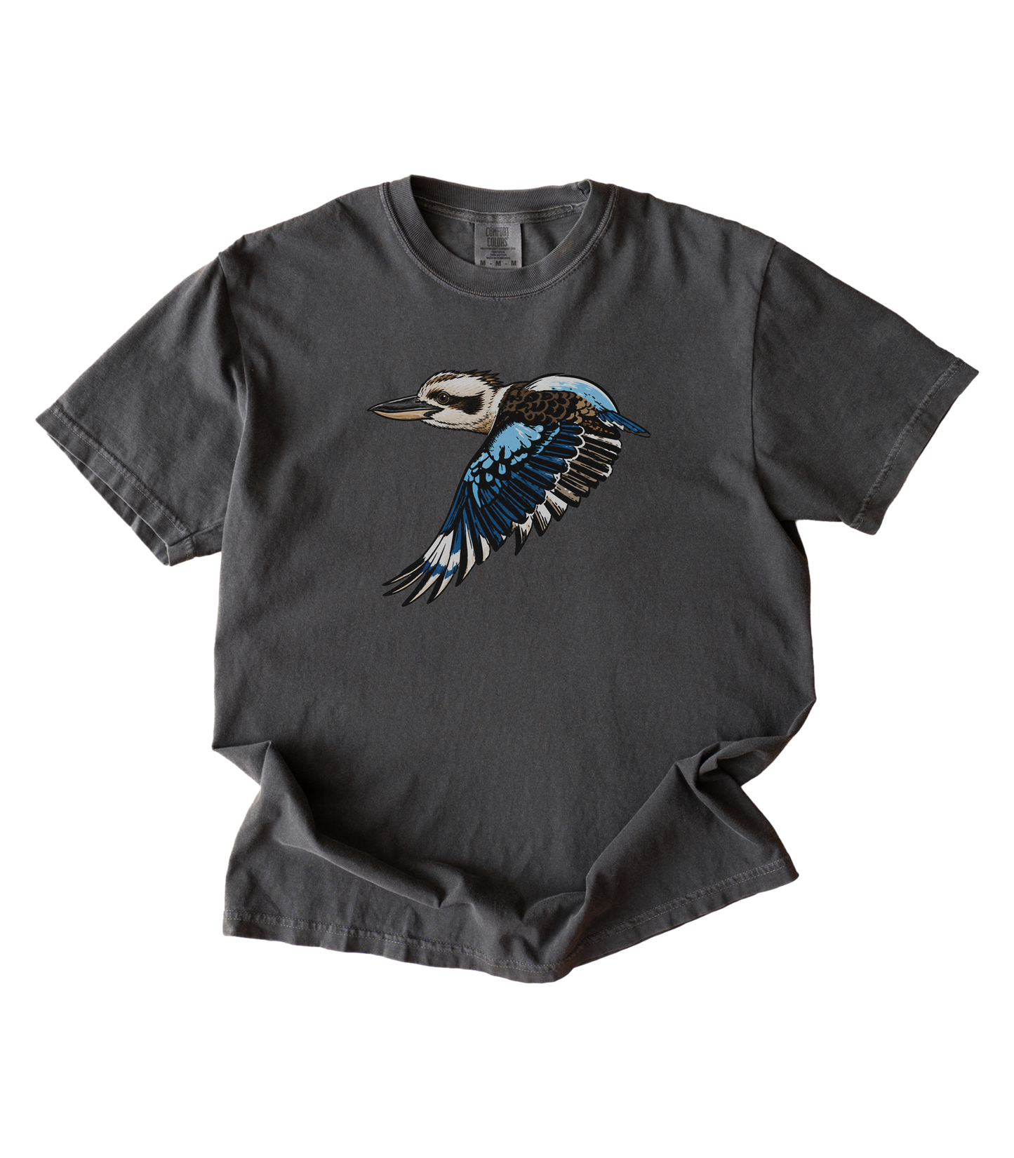 A dark charcoal gray t-shirt featuring a detailed graphic of a flying kookaburra bird on the chest, displayed against a solid white background.