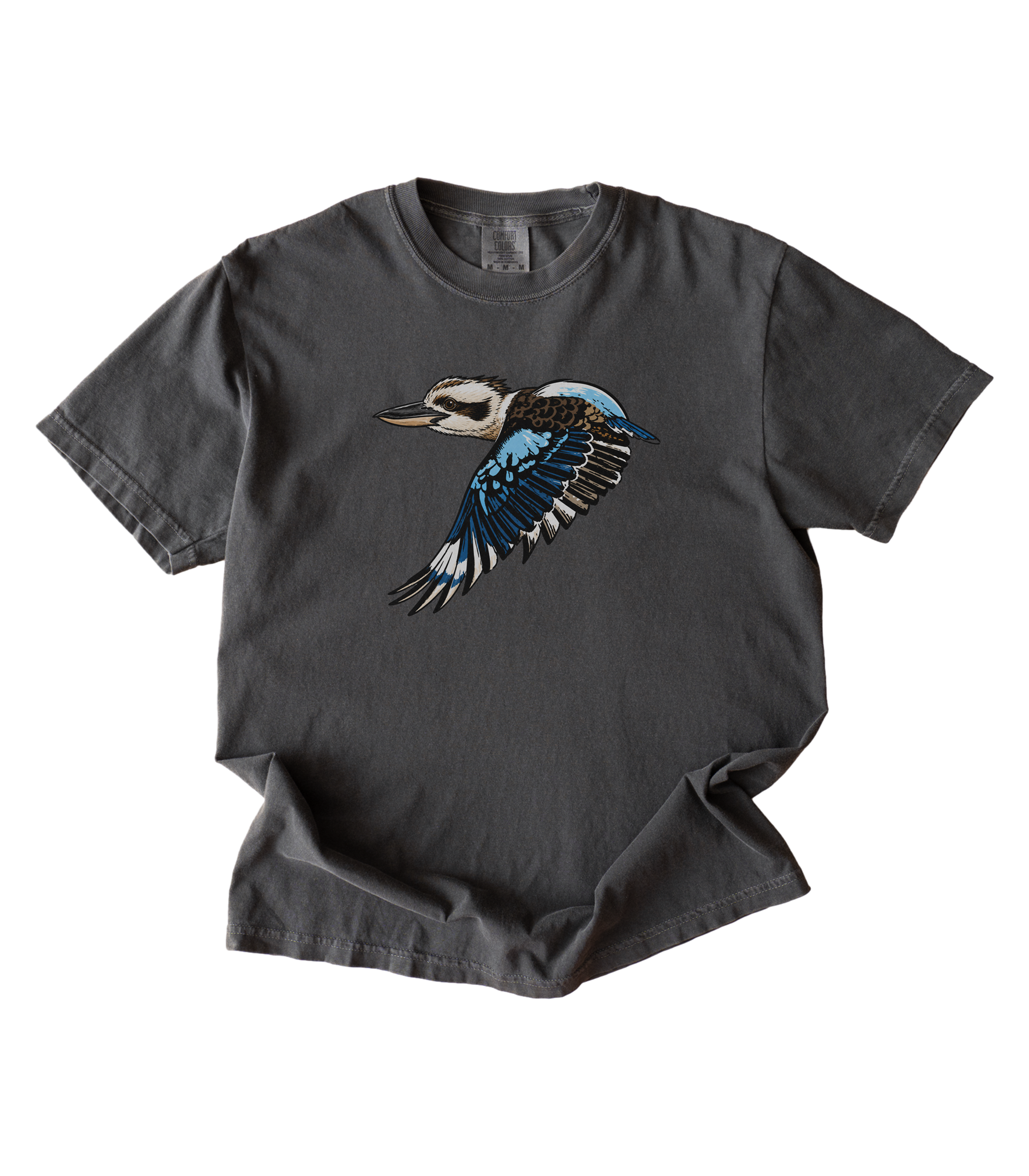 A dark charcoal gray t-shirt featuring a detailed graphic of a flying kookaburra bird on the chest, displayed against a solid white background.