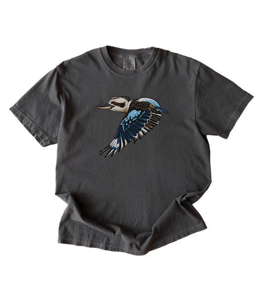 A dark charcoal gray t-shirt featuring a detailed graphic of a flying kookaburra bird on the chest, displayed against a solid white background.