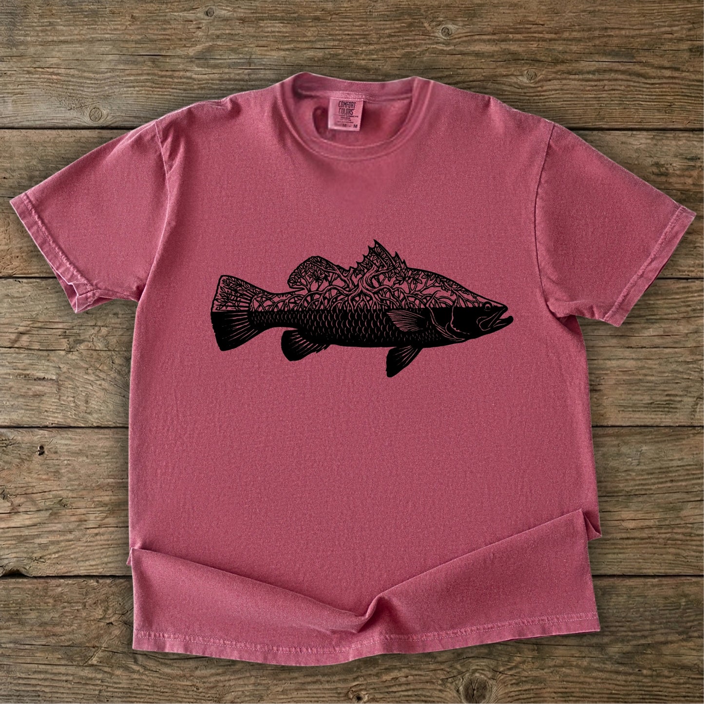 Brick  t-shirt with black barra mangrove design 