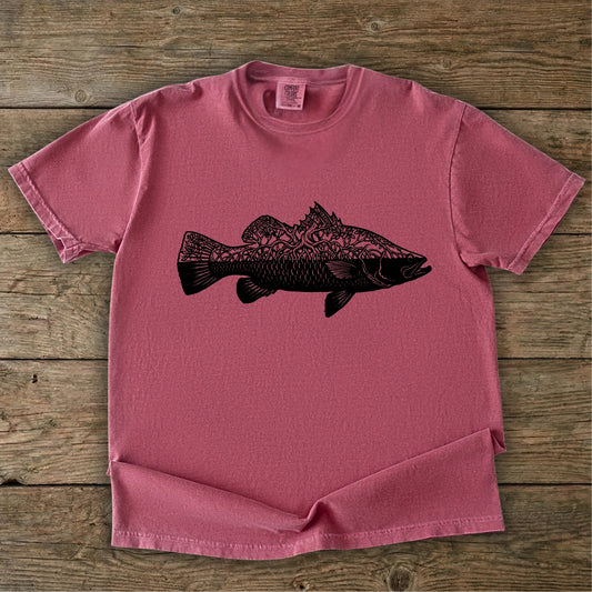 Brick  t-shirt with black barra mangrove design 