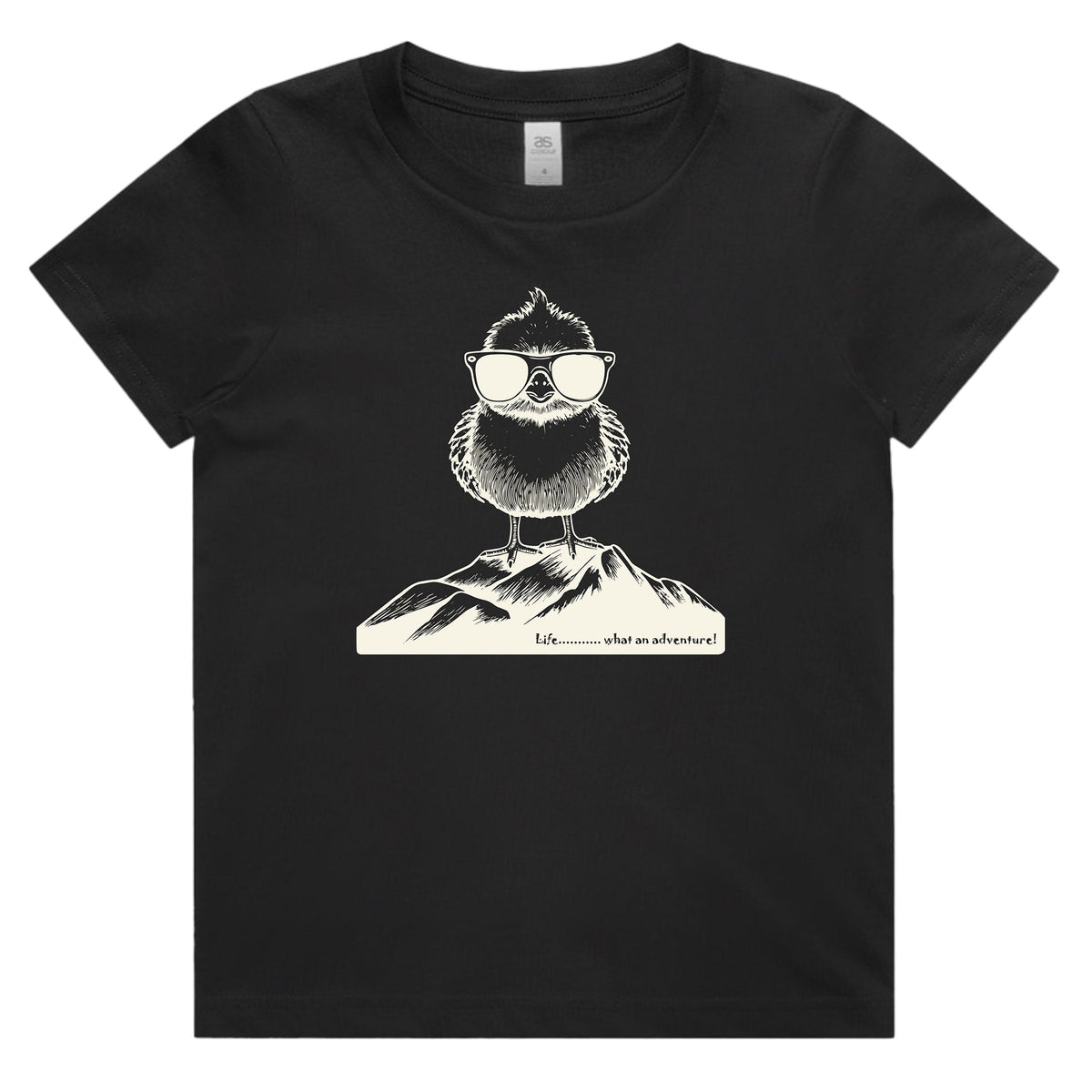 A black short-sleeve crewneck t-shirt featuring a white line art graphic of a bearded figure wearing sunglasses and a mountain, with the text 'What is adventure' printed below.