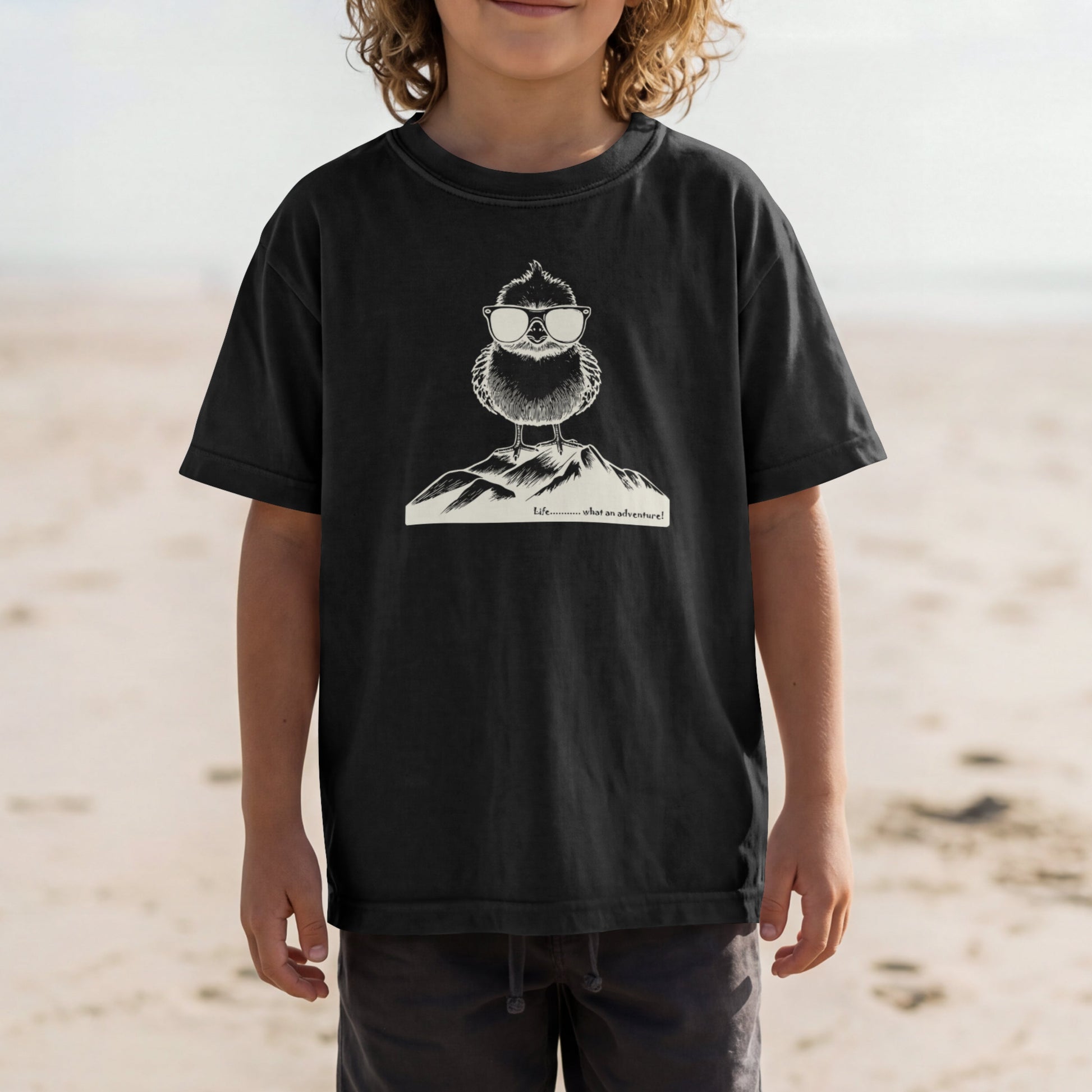 A young boy with curly light brown hair stands on a sandy beach wearing a black t-shirt with a white graphic of an owl on a mountain and dark shorts.