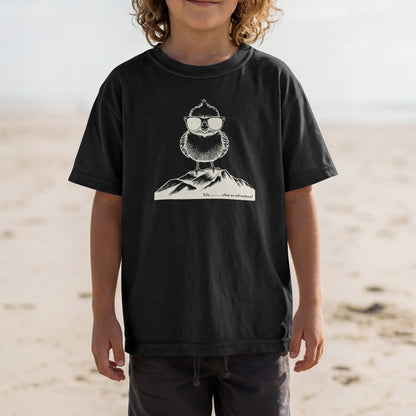 A young boy with curly light brown hair stands on a sandy beach wearing a black t-shirt with a white graphic of an owl on a mountain and dark shorts.