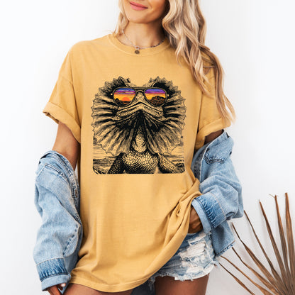 Woman Wearing Chilled Frilled Lizard on Mustard T-Shirt