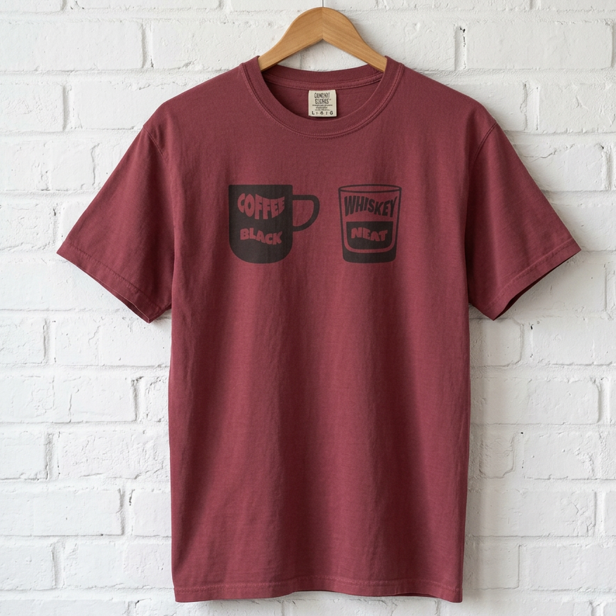 Coffee Black - Whiskey Neat - Chilli colour Tshirt hanging on a white wall