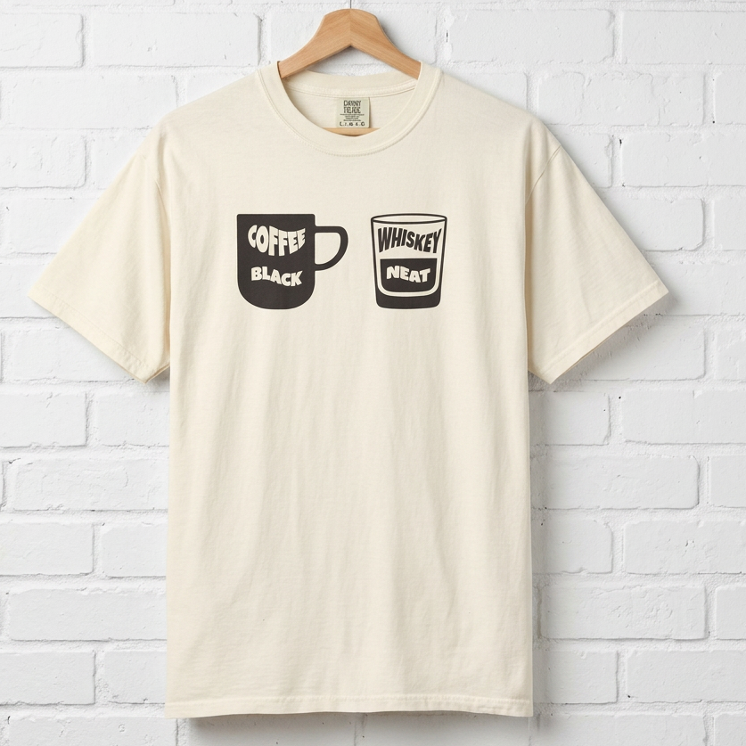 Coffee Black - Whiskey Neat - Ivory Tshirt hanging on a white wall
