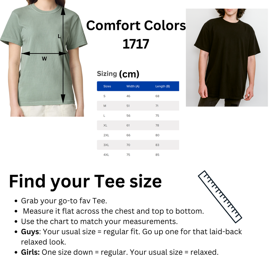 Size chart for Blue Winged Kookaburra In Flight Tee