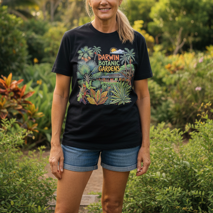 A woman wearing a black graphic t-shirt with a colorful tropical 'Darwin Botanic Gardens' print, standing in a lush green garden setting.