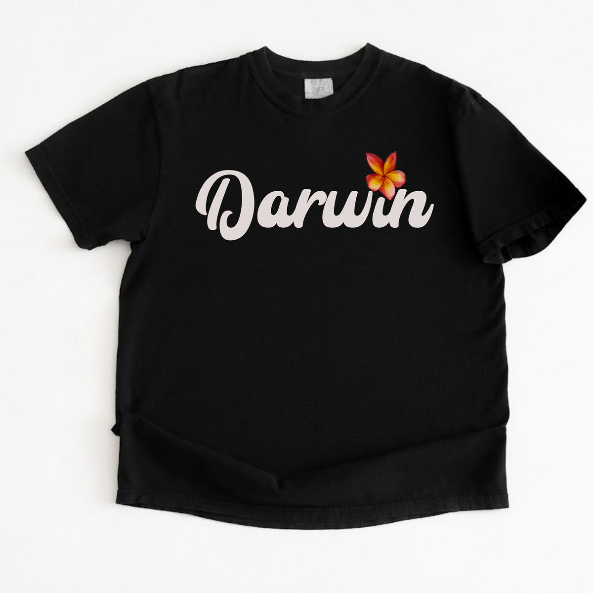 A black short-sleeve crewneck t-shirt featuring the word 'Darwin' printed in white script across the chest, with a small orange and yellow frangipani flower graphic rising from the letter I