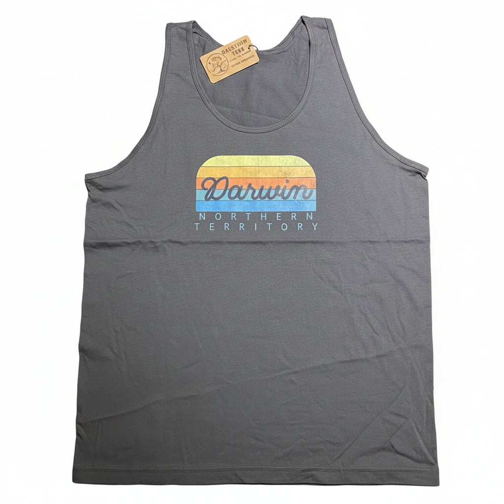 A dark gray sleeveless tank top laid flat on a light beige surface. The front features a retro-style Darwin Sunset  graphic with a sunset gradient and the text 'Palm Beach' and 'Florida'.