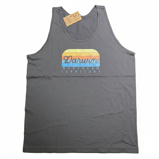A dark gray sleeveless tank top laid flat on a light beige surface. The front features a retro-style Darwin Sunset  graphic with a sunset gradient and the text 'Palm Beach' and 'Florida'.