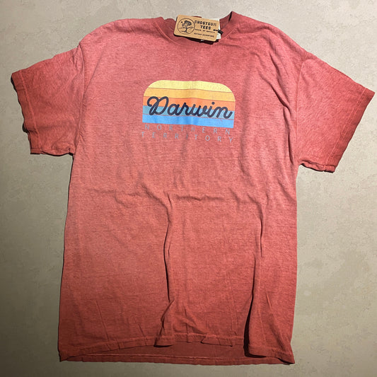 A heathered coral-red short-sleeve t-shirt laid flat on a light gray surface. The shirt features a retro graphic on the left chest with a blue background, yellow and orange wavy lines, and the word 'Darwin' in blue script.