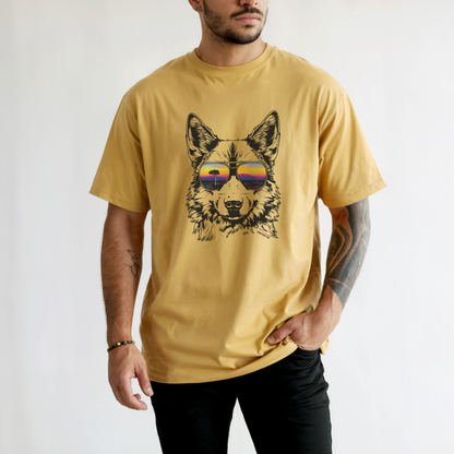 Person wearing a mustard yellow t-shirt with a graphic of a dingo wearing sunglasses on a plain background