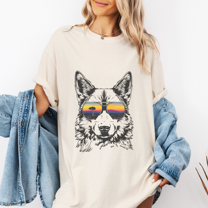 Dingo Dreamin T-shirt – dingo wearing sunglasses with sunset reflection, outback vibes design