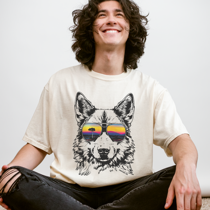 Dingo Dreamin T-shirt – dingo wearing sunglasses with sunset reflection, outback vibes design