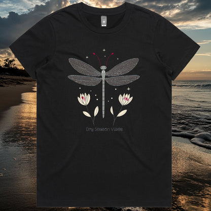 Quirky funky t-shirt of a womens maple tee with a dragonfly and lily flowers on the front