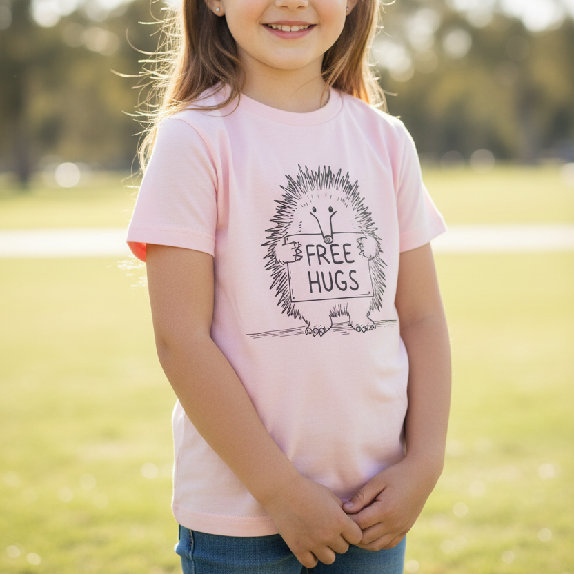 A young girl smiling in a grassy park, wearing a light pink t-shirt with a black graphic of a hedgehog and the text 'FREE HUGS'.