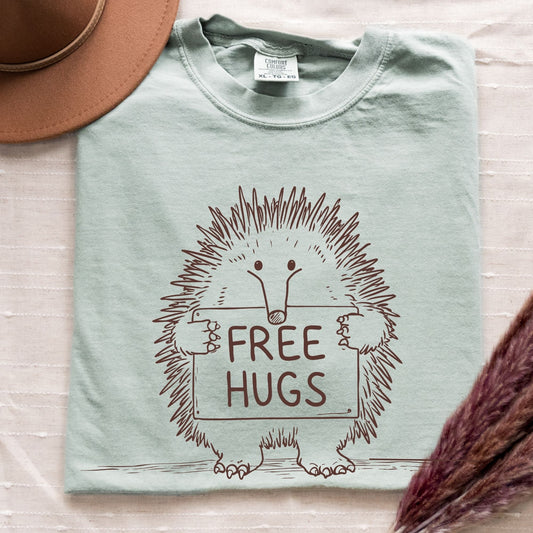 Folded light green t-shirt with echidna graphic and 'Free Hugs' text on a textured surface.