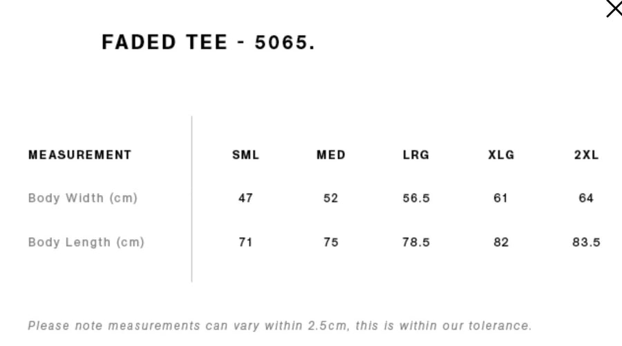 Size chart for Larapinta Gum Tree T-Shirt | GhostGum Tees
